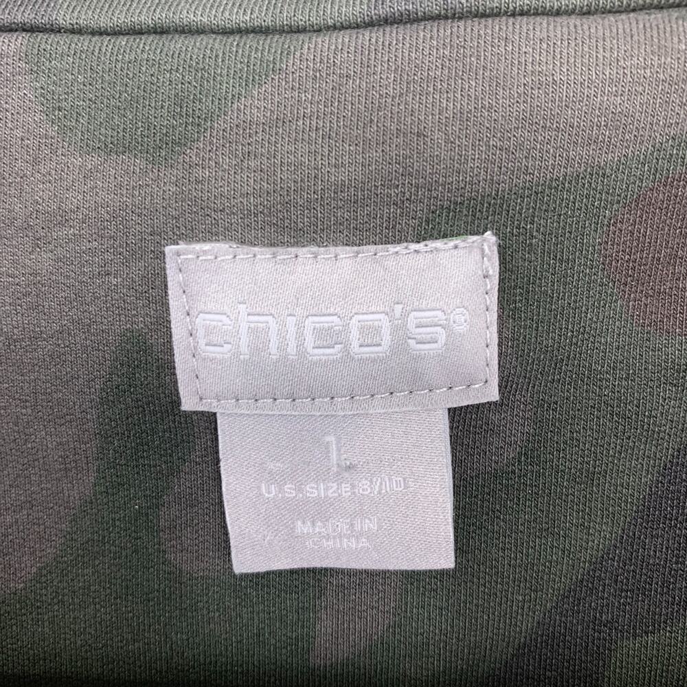 Chico's Sz 1 Camo Moto Jacket Green Military Print Stretch Cotton Zip Front M - Picture 3 of 7